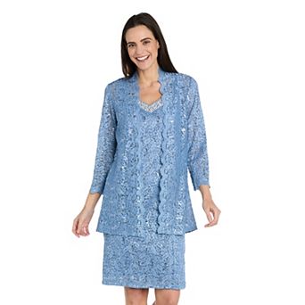 Women's R&M Richards 2 pc Glitter Lace Scalloped Trimmed Jacket Dress with Beaded Neckline