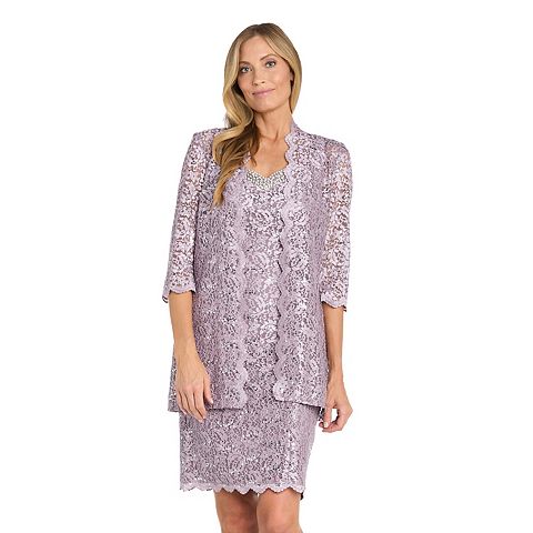 Женские платья R&M Women's R&M Richards 2 pc Glitter Lace Scalloped Trimmed Jacket Dress with Beaded Neckline