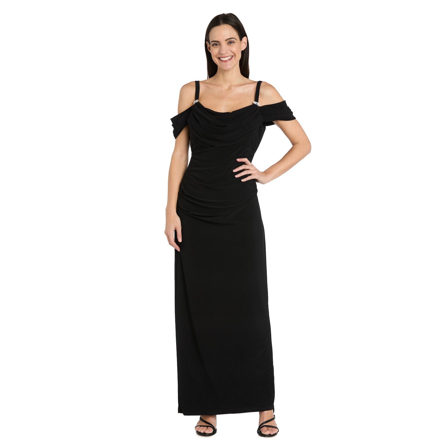 Женские платья R&M Richards Long Cold Shoulder Drape Rhinestone Strap Detail Front Dress