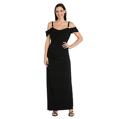 Женские платья R&M Women's R&M Richards Long Cold Shoulder Drape Rhinestone Strap Detail Front Dress