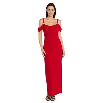 Women's R&M Richards Long Cold Shoulder Drape Rhinestone Strap Detail Front Dress