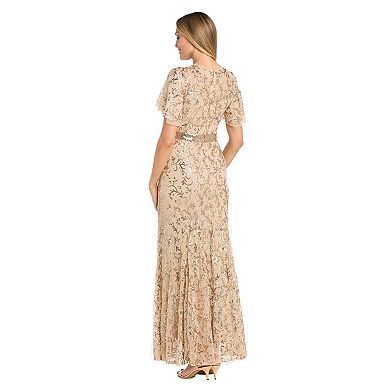 Women's R&M Richards Long Sequin Flutter Sleeve Dress
