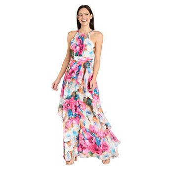 Women's R&M Richards Long Chiffon Watercolor Halter Dress