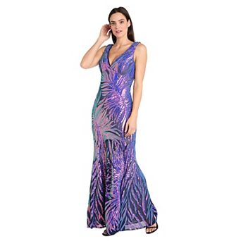Women's R&M Richards Long V-Neck Sequin Wave Pattern Dress