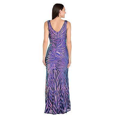 Women's R&M Richards Long V-Neck Sequin Wave Pattern Dress