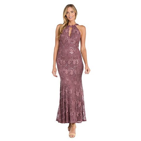 Женские платья R&M Women's R&M Richards Scalloped Bodice Detail Long Glitter Lace Dress