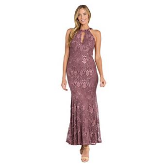 Women's R&M Richards Scalloped Bodice Detail Long Glitter Lace Dress