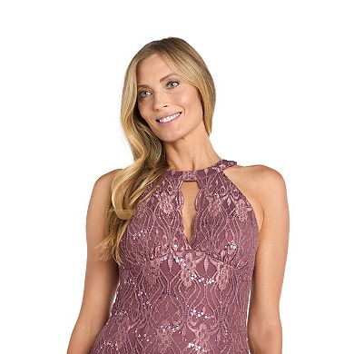 Women's R&M Richards Scalloped Bodice Detail Long Glitter Lace Dress