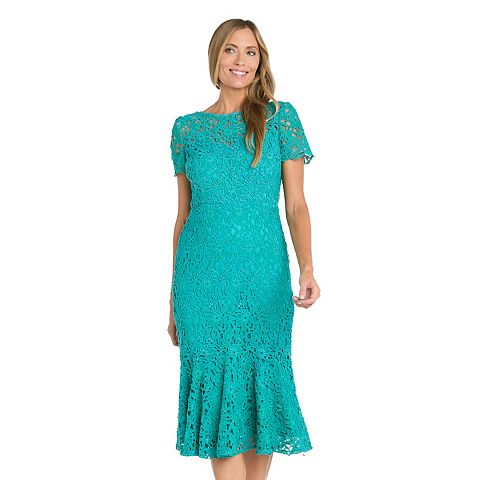 Женские платья R&M Women's R&M Richards Flounce Short Sleeve Tea Length Crochet Dress