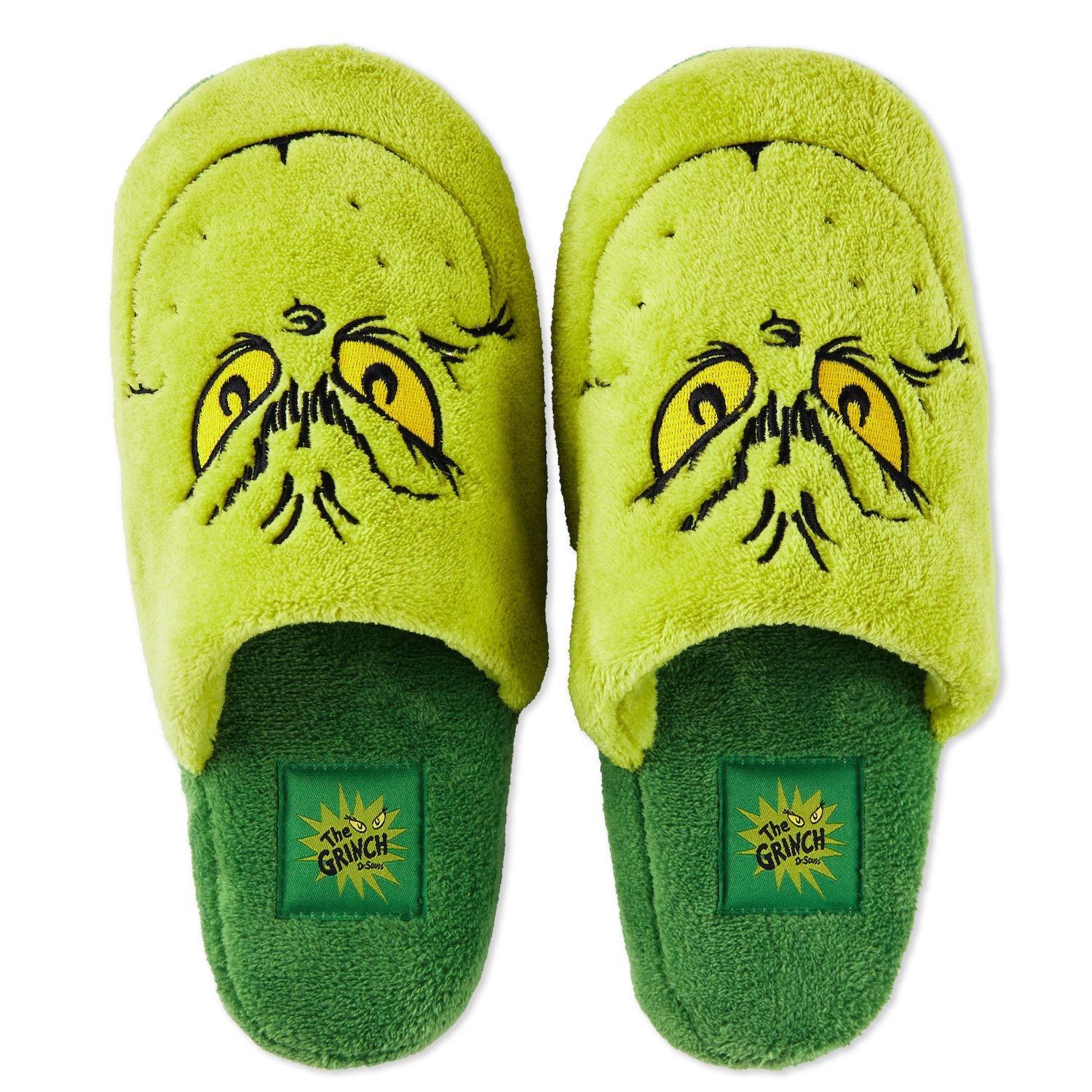 Dr. Seuss Grinch Family Christmas Slippers - Unisex Mules, Pull On, Polyester, Green, UK Sizes 3-12