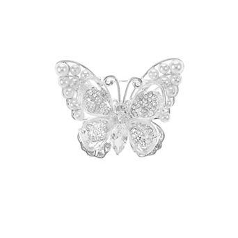 Silver Tone Cubic Zirconia & Simulated Pearl Butterfly Pin