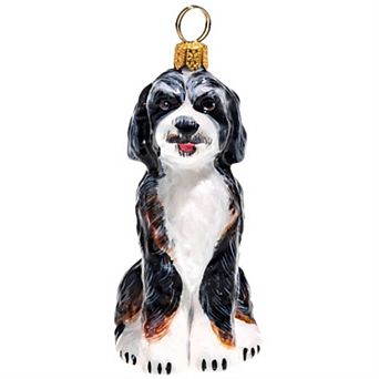 Joy To The World Black And White Bernedoodle Dog Polish Glass Christmas Ornament