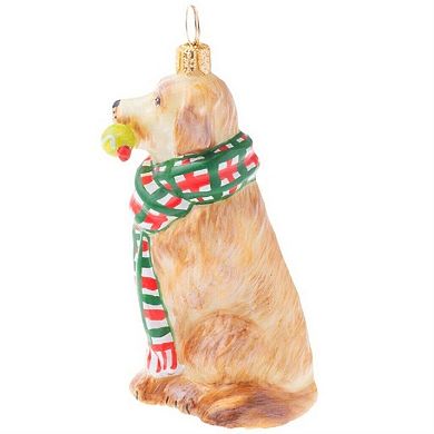 Joy To The World Golden Retriever With Tartan Plaid Scarf And Toy Glass Ornament