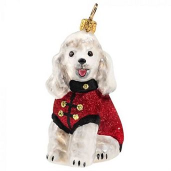 Joy To The World White Poodle In Peacoat Polish Glass Christmas Ornament