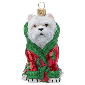 Joy To The World White Westie In Christmas Robe Dog Polish Glass Ornament