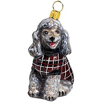 Joy To The World Gray Poodle In Checked Sweater Glass Christmas Ornament