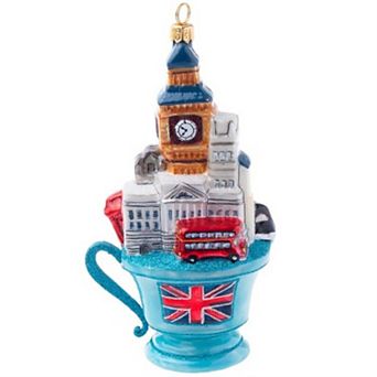 Joy To The World London Tea Cup Polish Glass Chrismtas Tree Ornament