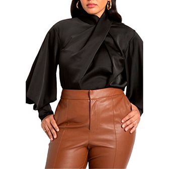 ELOQUII Women's Plus Size Draped Neck Satin Blouse