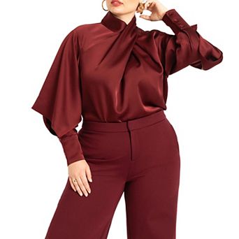 ELOQUII Women's Plus Size Draped Neck Satin Blouse