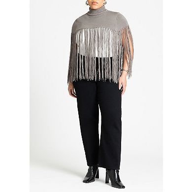 ELOQUII Women's Plus Size Fringe Half Sweater