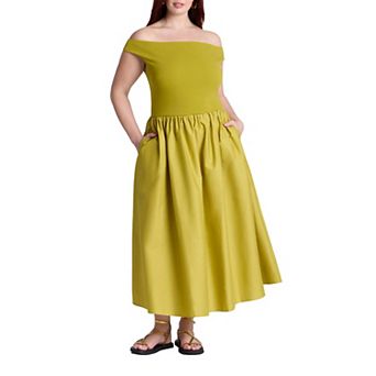 ELOQUII Women's Plus Size Boat Neck Mixed Fabric Dress