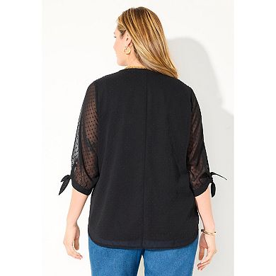 Catherines Women's Plus Size Swiss Dot Tie Sleeve Blouse