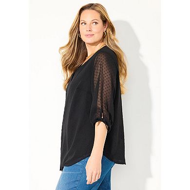 Catherines Women's Plus Size Swiss Dot Tie Sleeve Blouse