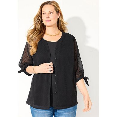 Catherines Women's Plus Size Swiss Dot Tie Sleeve Blouse