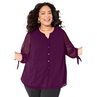 Catherines Women's Plus Size Swiss Dot Tie Sleeve Blouse
