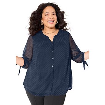 Catherines Women's Plus Size Swiss Dot Tie Sleeve Blouse