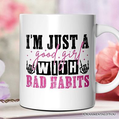 Good Girl with Bad Habits Mug, Grunge Skeleton Hands Rebellious Gift