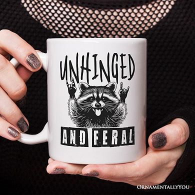 Unhinged and Feral Mug, Funny Raccoon Rock Hands Gift