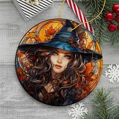 Mystical Enchantress Beautiful Young Witch Stained Glass Style Ceramic Ornament