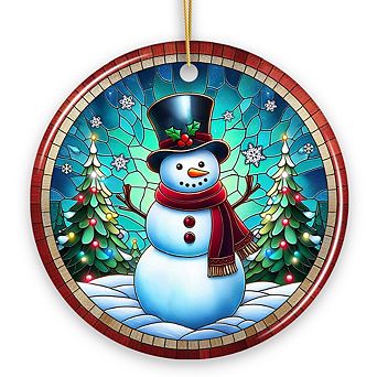 Snowman Window Art Stained Glass Style Ceramic Ornament, Christmas Gift and Decor