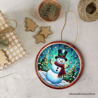 Snowman Window Art Stained Glass Style Ceramic Ornament, Christmas Gift and Decor