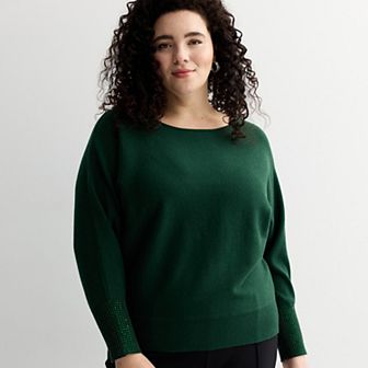 Plus Size Chelsea & Theodore Long Dolman Sleeve Boat Neck Sweater