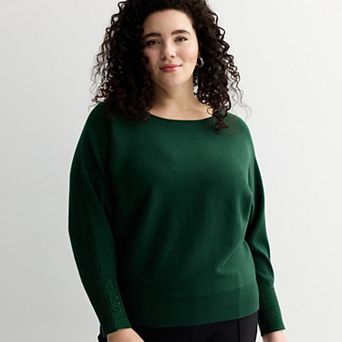 Plus Size Chelsea & Theodore Long Dolman Sleeve Boat Neck Sweater