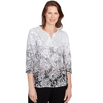 Women's Alfred Dunner Ombre Scroll Split Beaded Neck Top