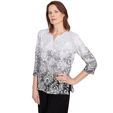 Women's Alfred Dunner Ombre Scroll Split Beaded Neck Top