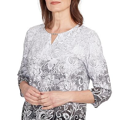 Women's Alfred Dunner Ombre Scroll Split Beaded Neck Top