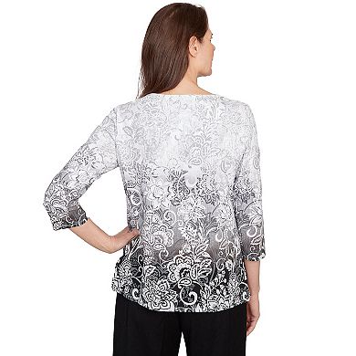 Women's Alfred Dunner Ombre Scroll Split Beaded Neck Top