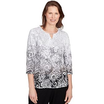 Petite Alfred Dunner Ombre Scroll Split Beaded Neck Top