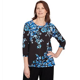 Petite Alfred Dunner Floral Asymmetrical Three-Quarter Sleeve Top