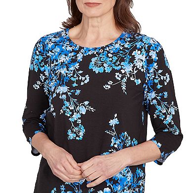 Petite Alfred Dunner Floral Asymmetrical Three-Quarter Sleeve Top