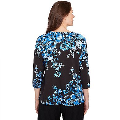 Petite Alfred Dunner Floral Asymmetrical Three-Quarter Sleeve Top