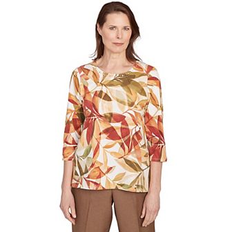 Petite Alfred Dunner Leaf Pleated Neckline Top