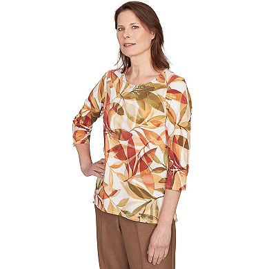 Petite Alfred Dunner Leaf Pleated Neckline Top