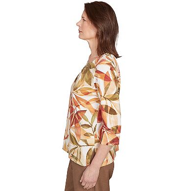 Petite Alfred Dunner Leaf Pleated Neckline Top