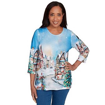Petite Alfred Dunner Embellished Snow Cabin Village Scene Top