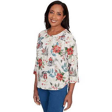Petite Alfred Dunner Holiday Raccoon Poinsettias Graphic Top